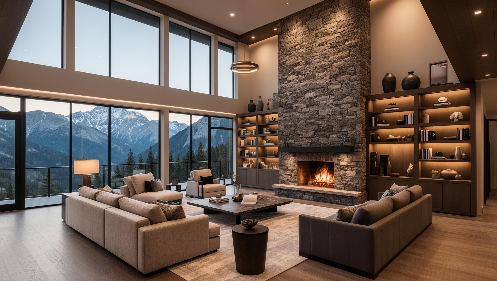Mountain home great room with stone fireplace and panoramic views