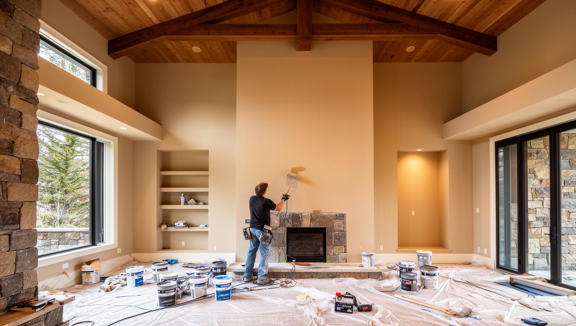 Professional interior painting of luxury mountain home with high ceilings, wood beams, and stone fireplace