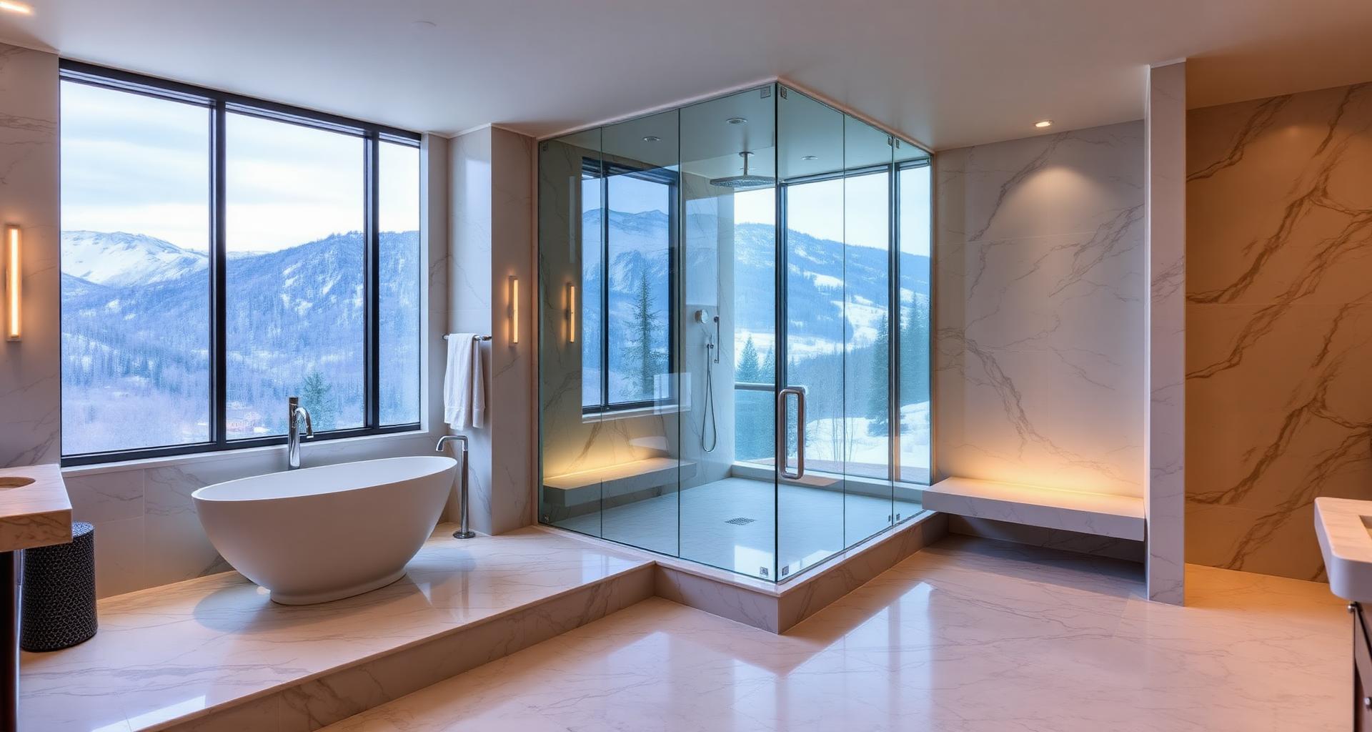 Luxury spa bathroom remodel in an Aspen Colorado mountain home with freestanding tub and mountain views