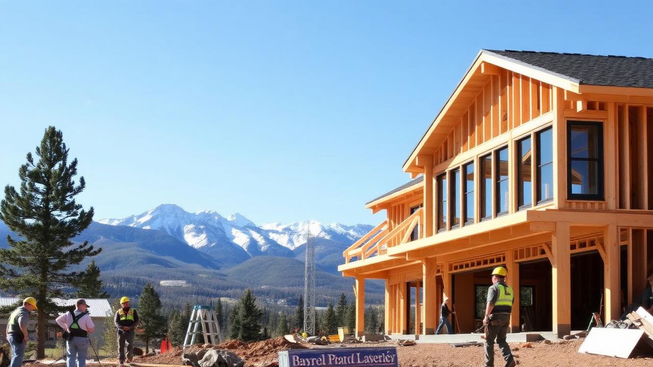 Custom home under construction in Aspen Colorado with mountain views and construction crew