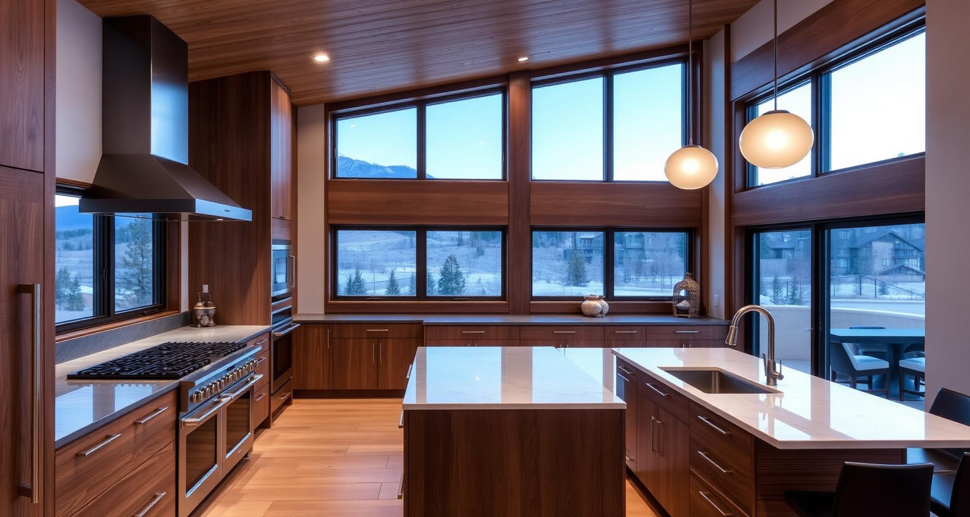 Luxury kitchen remodel in a Vail Colorado mountain home with quartz island and mountain views