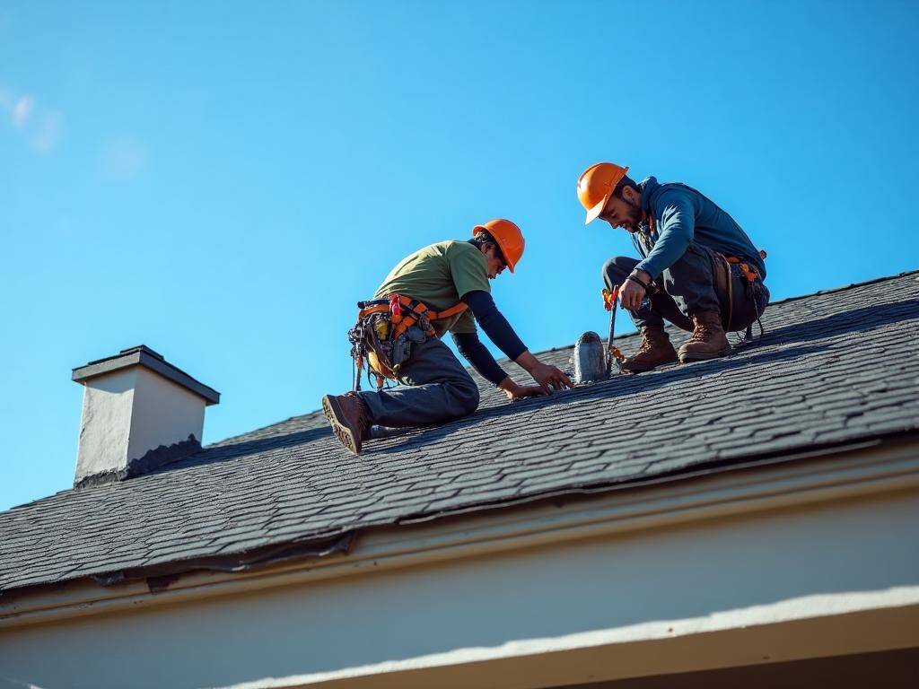 Roofing contractor installing asphalt shingles on a residential house, workers on roof with tools and blue sky background